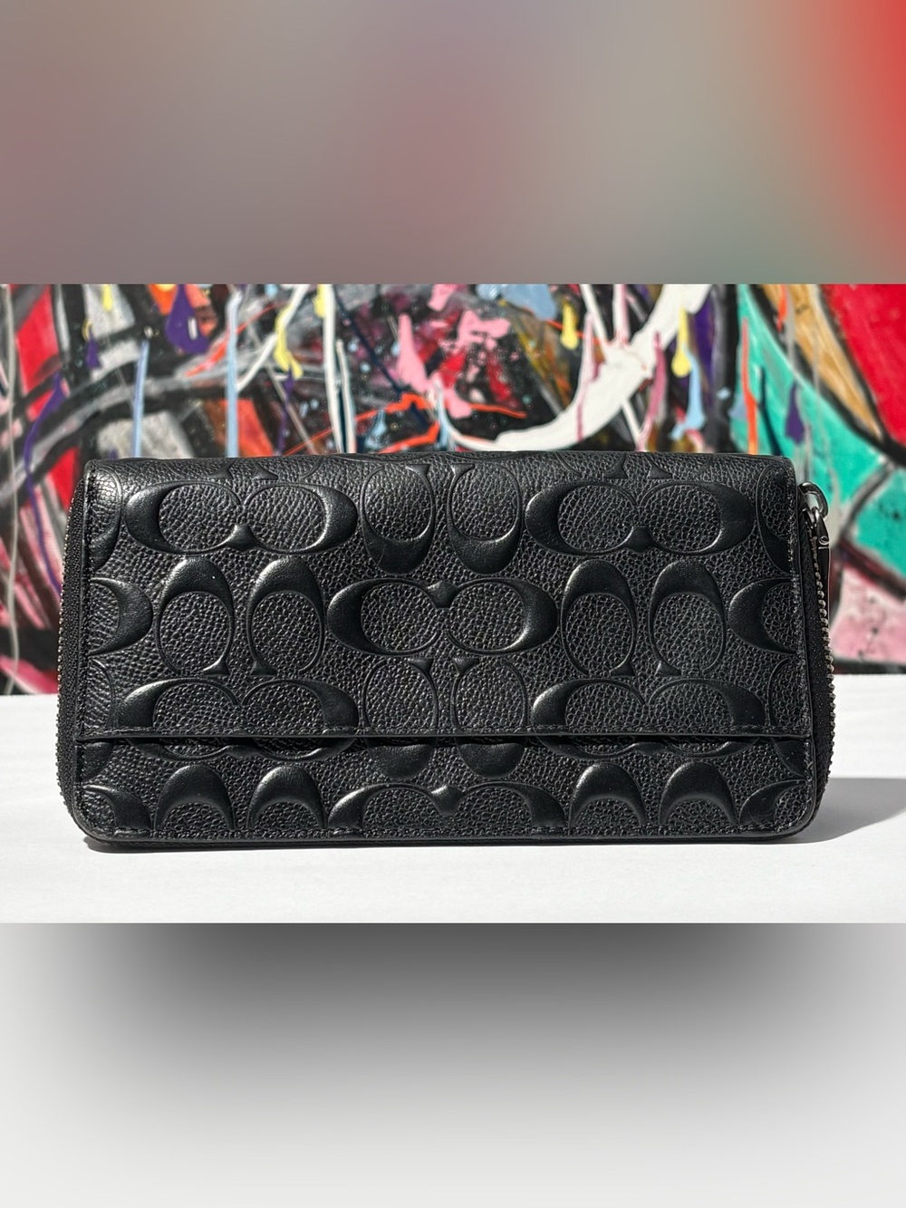 Coach Black Embossed Signature Leather Zip Around Wallet